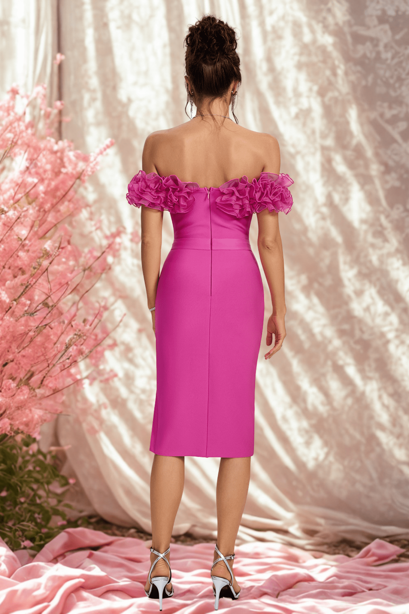 Rafaela Off The Shoulder Midi Dress with 3D Rose Detail - Styled Collective