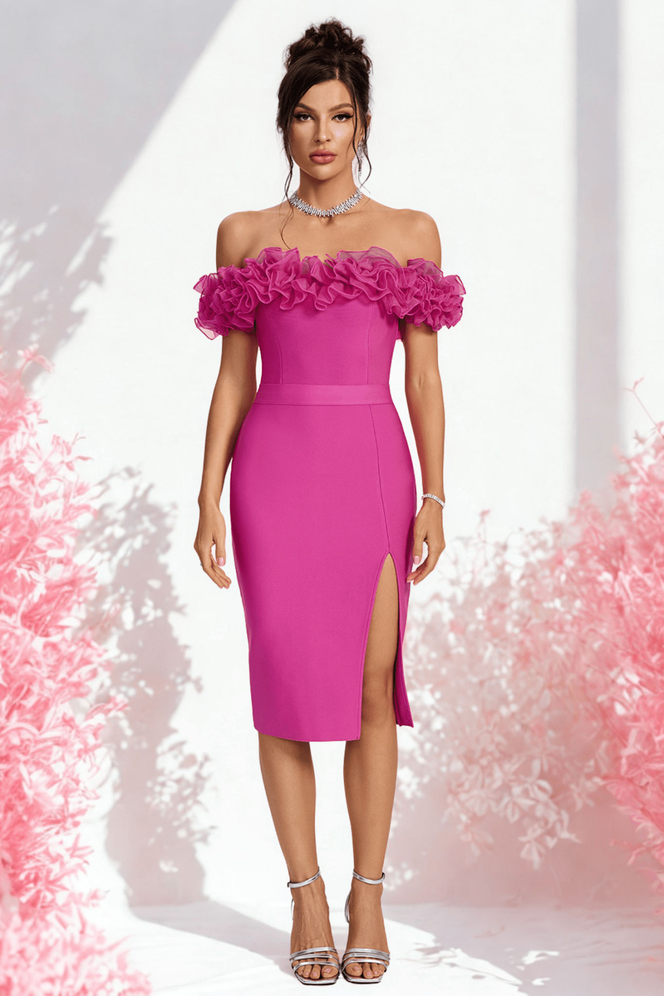 Rafaela Off The Shoulder Midi Dress with 3D Rose Detail - Styled Collective