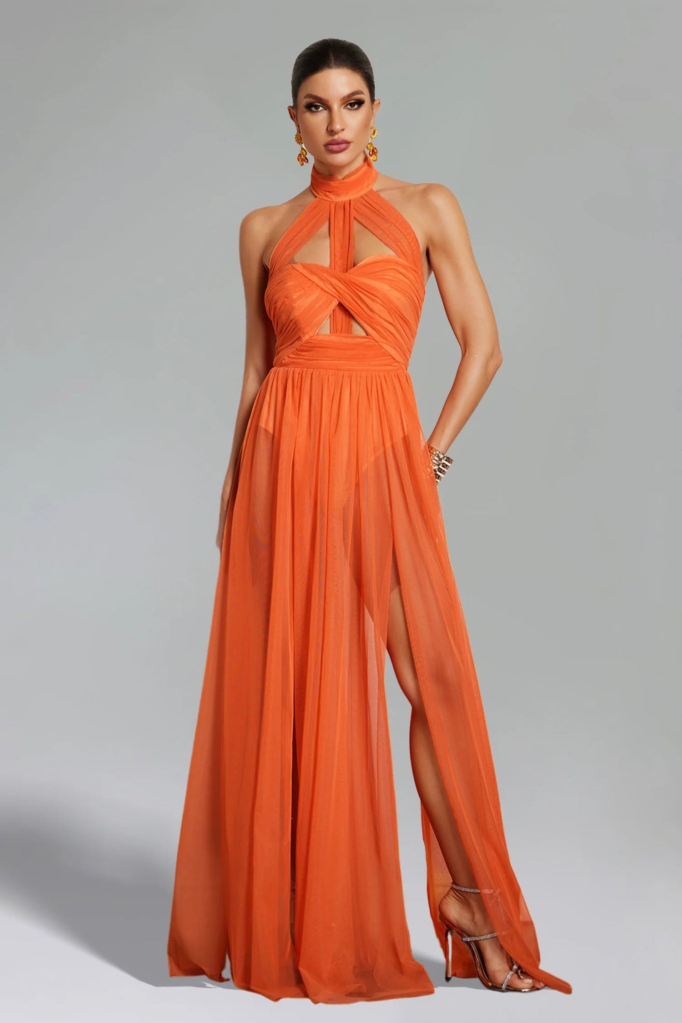 Rivka Halterneck Twist Mesh Maxi Dress - Styled Collective