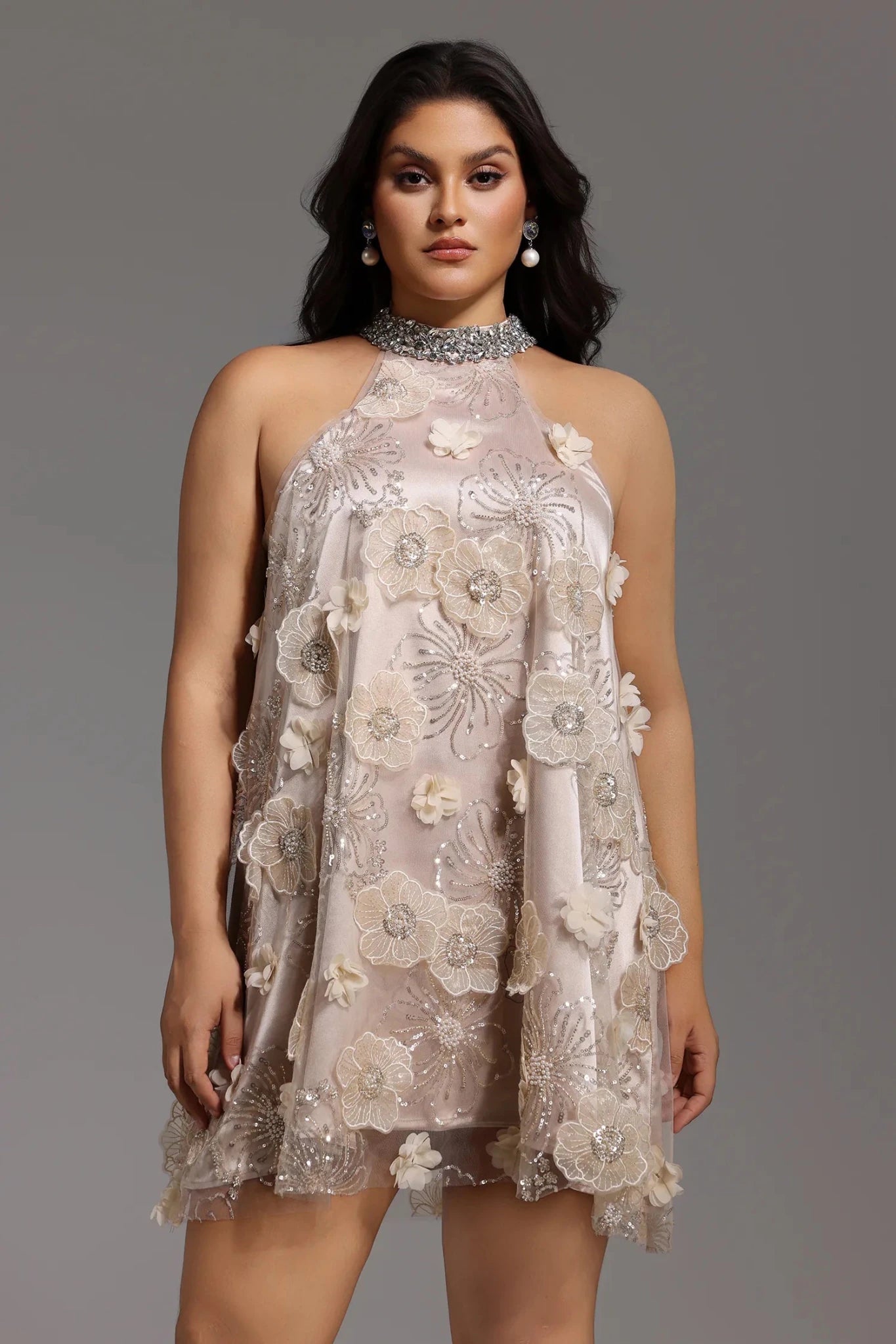 Ruelle Beaded Bloom Halter Mini Dress – Champagne - Styled Collective