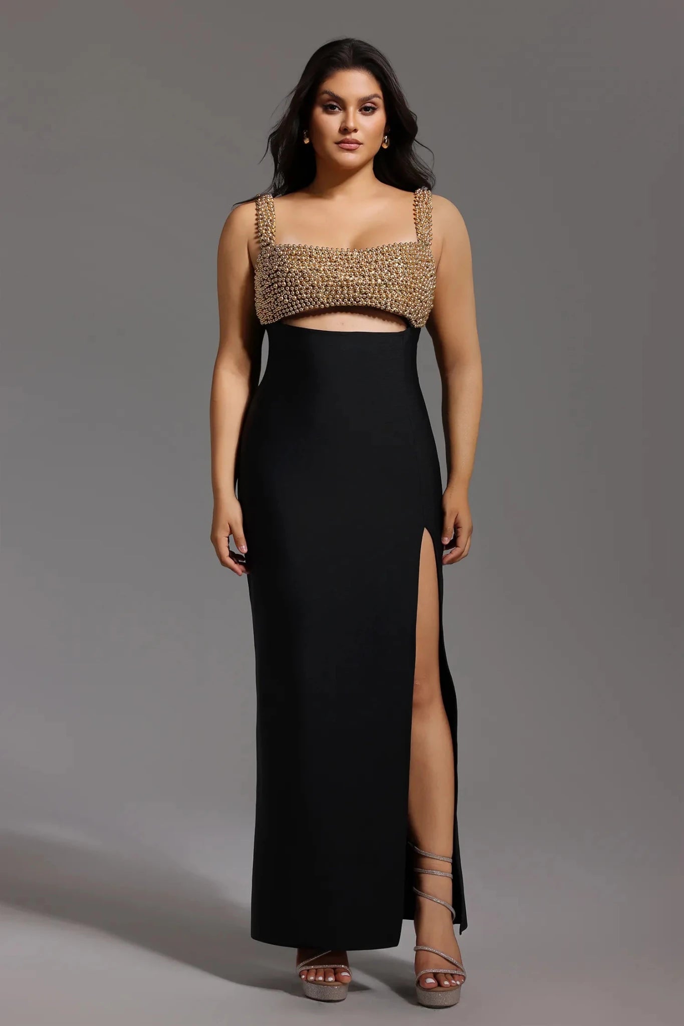 Sienna Pearl Cut - Out Gown – Gold Embellished Statement Evening Gown - Styled Collective