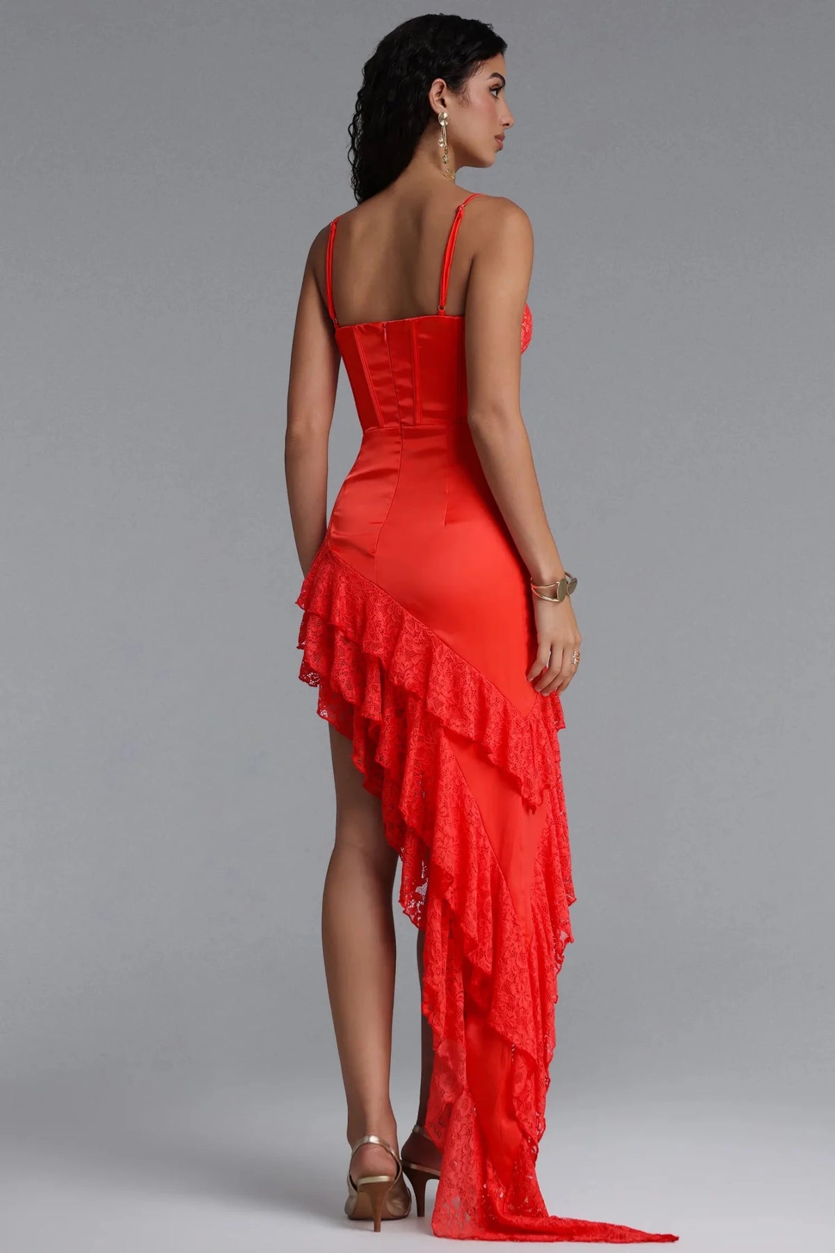 Sofía Red Lace Cascade Dress | Spring Racing & Cocktail Dress - Styled Collective