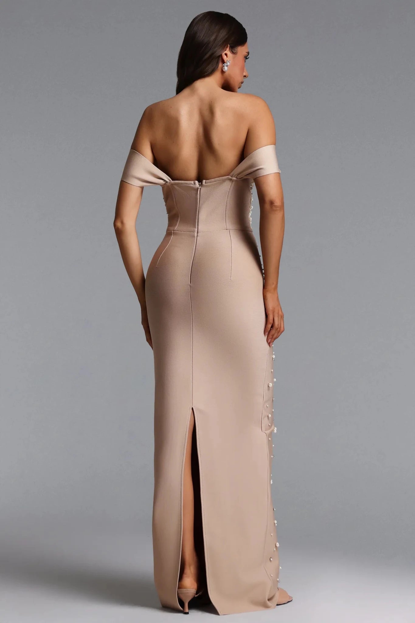 The Romelle Pearl Gown – Pearl Embellished Off Shoulder Evening Dress | Styled Collective - Styled Collective