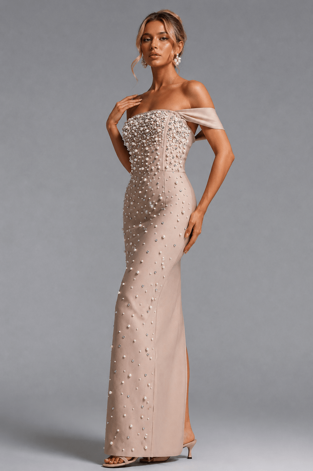 The Romelle Pearl Gown – Pearl Embellished Off Shoulder Evening Dress | Styled Collective - Styled Collective