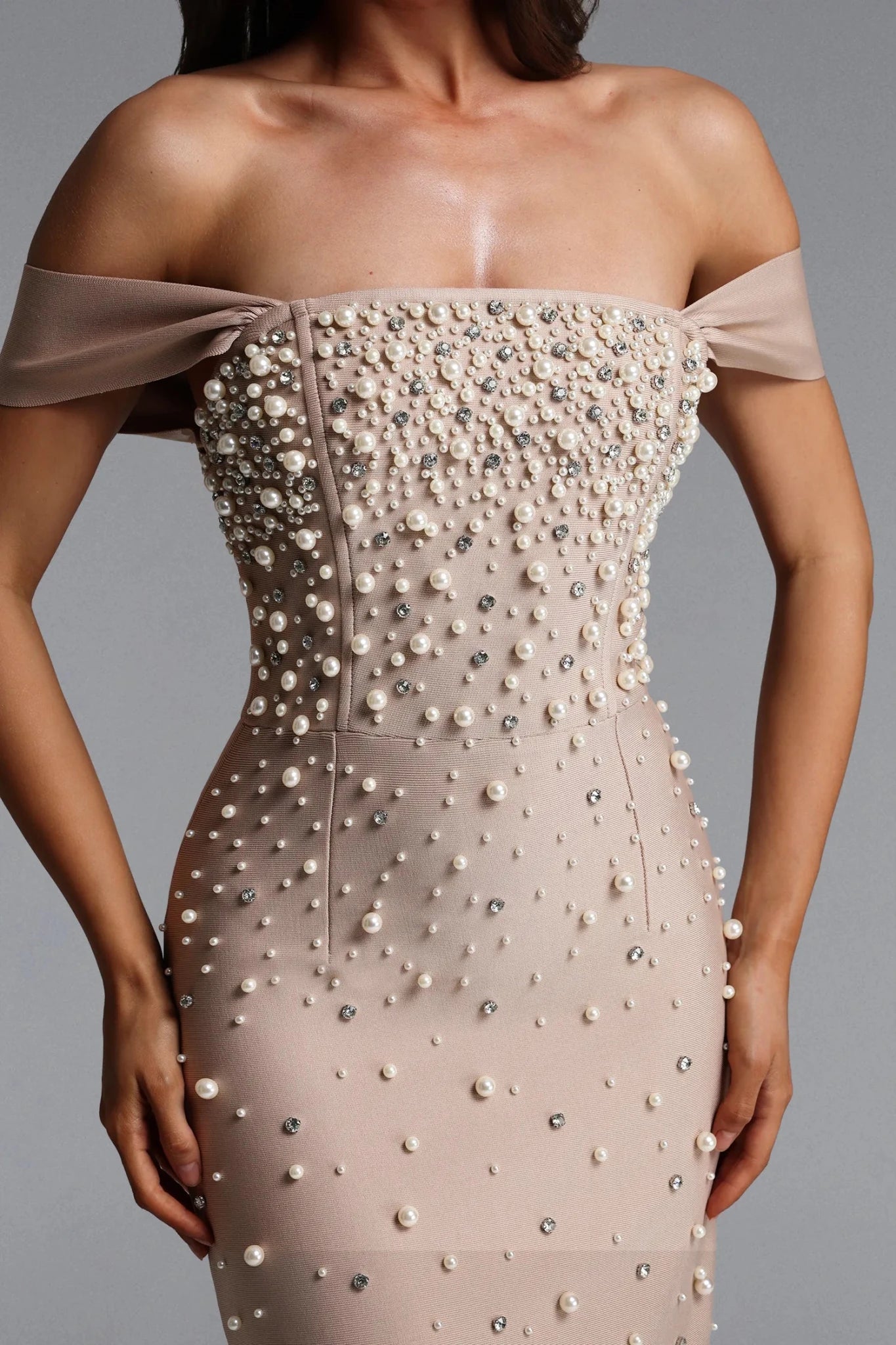 The Romelle Pearl Gown – Pearl Embellished Off Shoulder Evening Dress | Styled Collective - Styled Collective