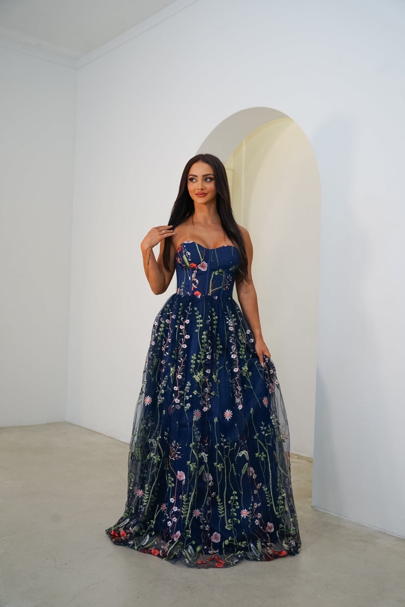 Tusare Open Shoulder Embroidery Maxi Dress - Styled Collective