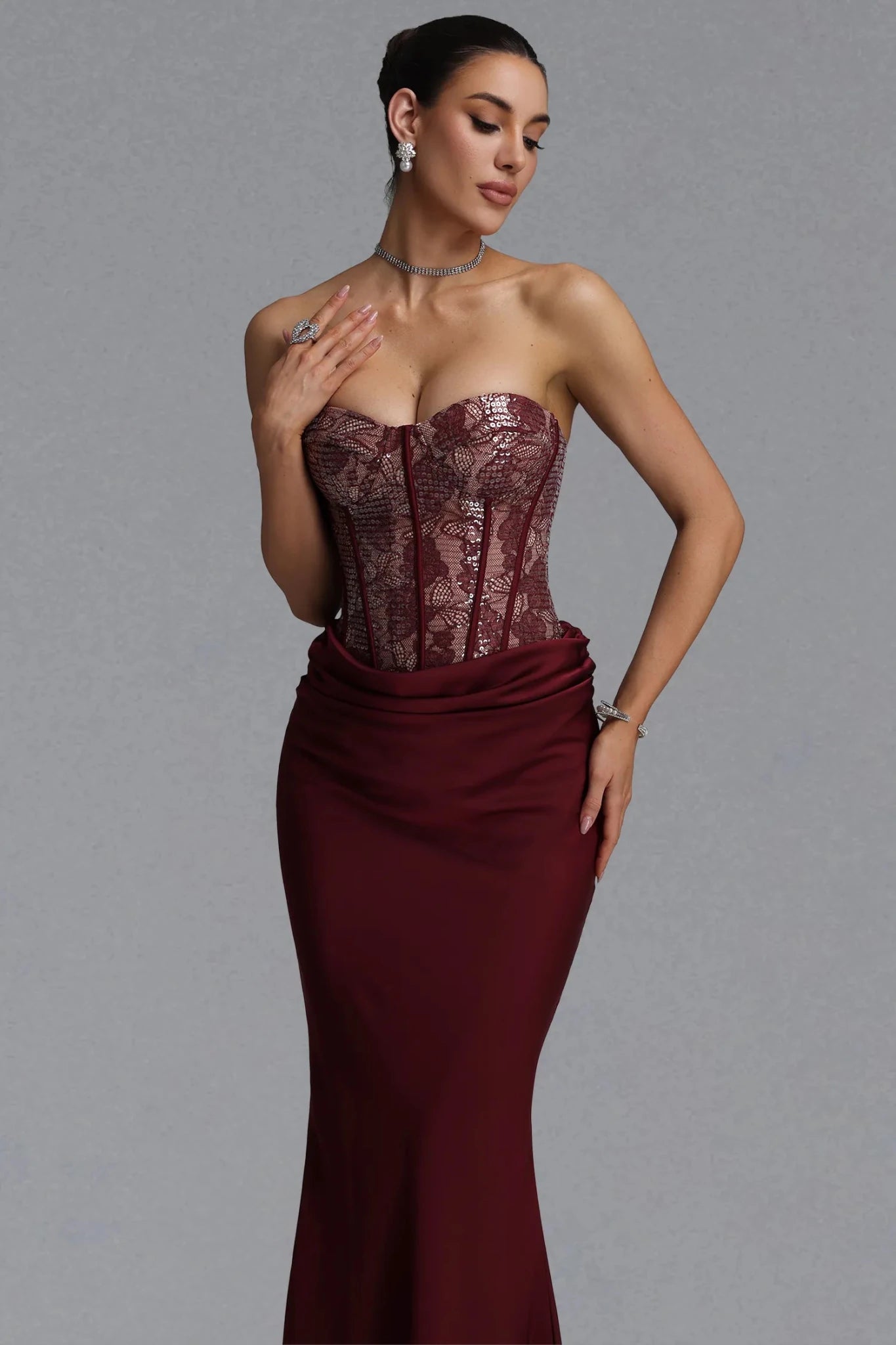 Wren Strapless Sequin Corset Maxi Dress - Burgundy - Styled Collective