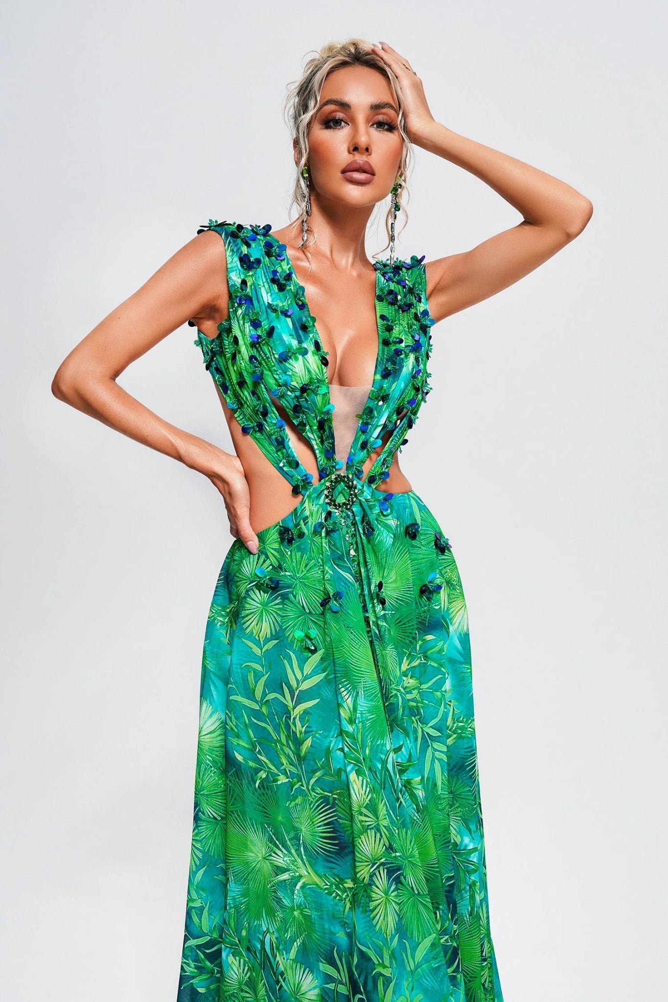 Yolanda Printed Embellished Maxi Dress - Styled Collective