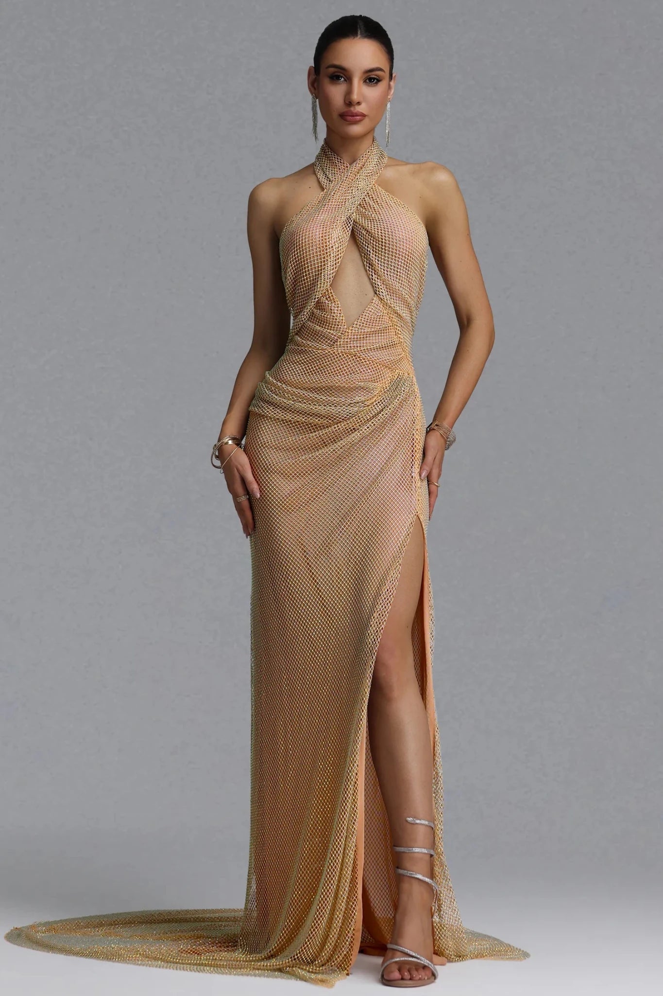 Yvette Gold Embellished Halter Maxi Dress - Styled Collective