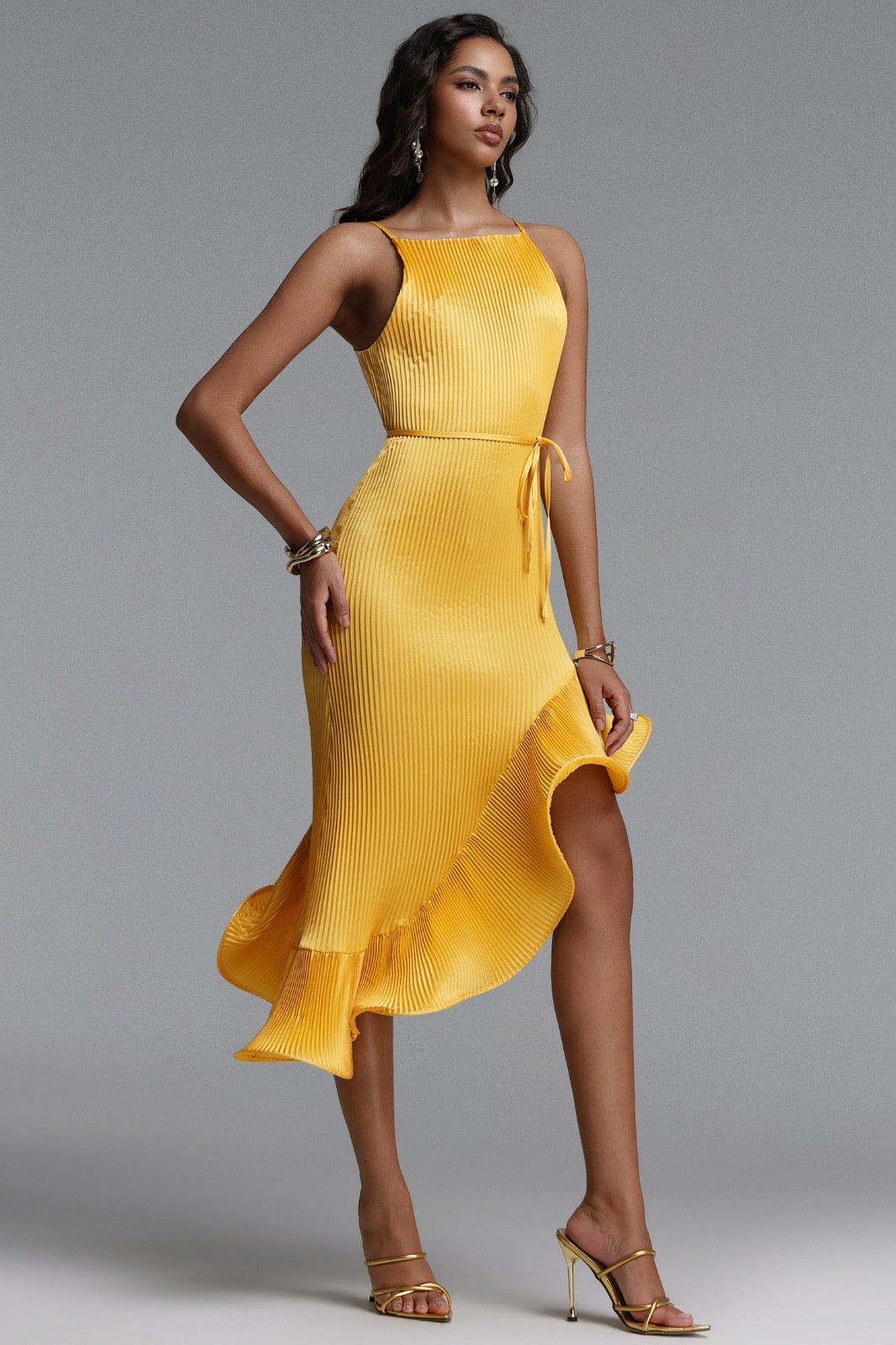 Marigold Yellow Pleated Asymmetric Ruffle Midi Dress - Spring Racing Dress