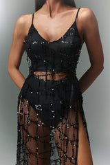 Panra Sleeveless Tassels Sequin Slit Maxi Dress
