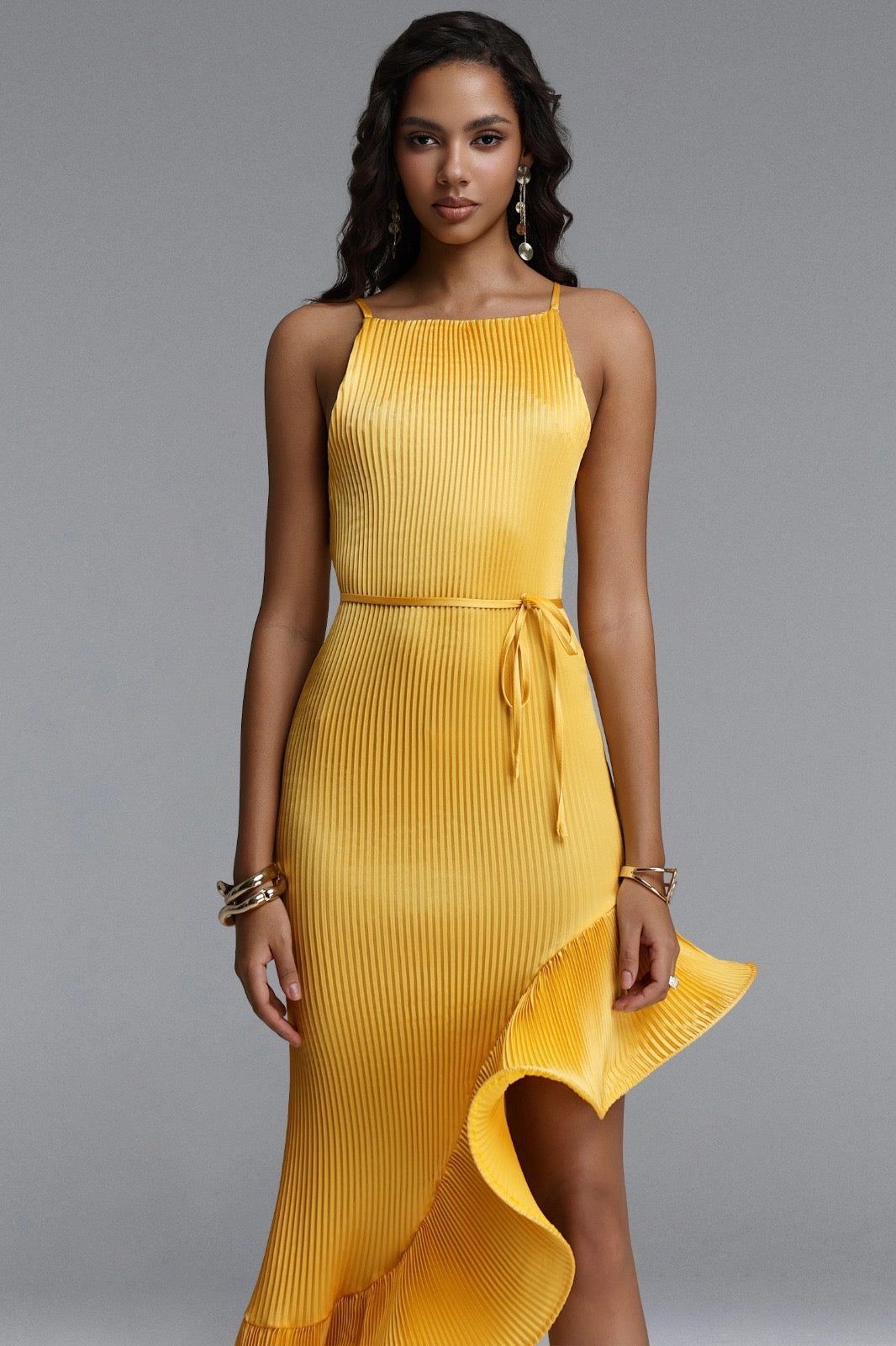 Marigold Yellow Pleated Asymmetric Ruffle Midi Dress - Spring Racing Dress