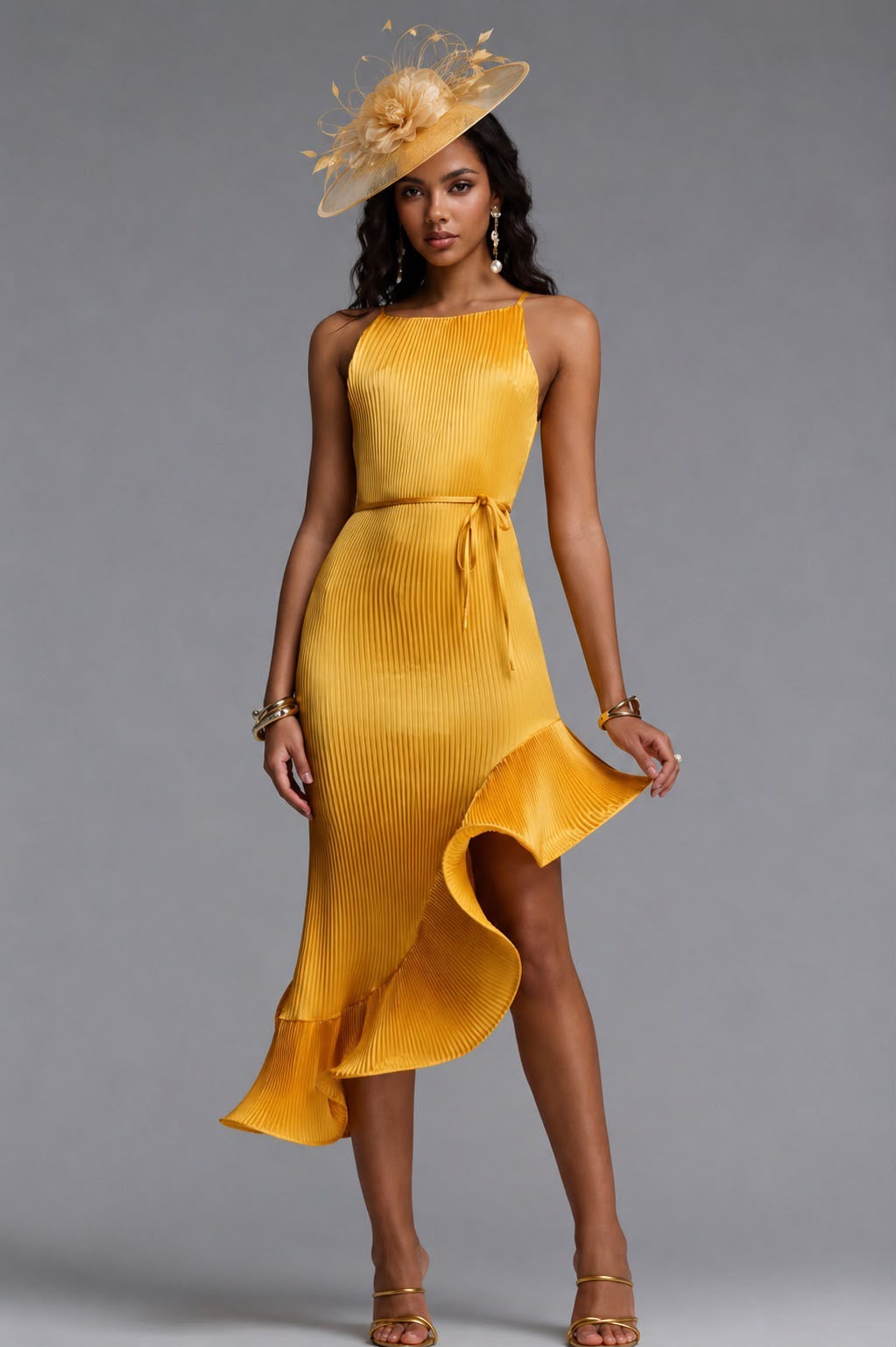 Marigold Yellow Pleated Asymmetric Ruffle Midi Dress - Spring Racing Dress