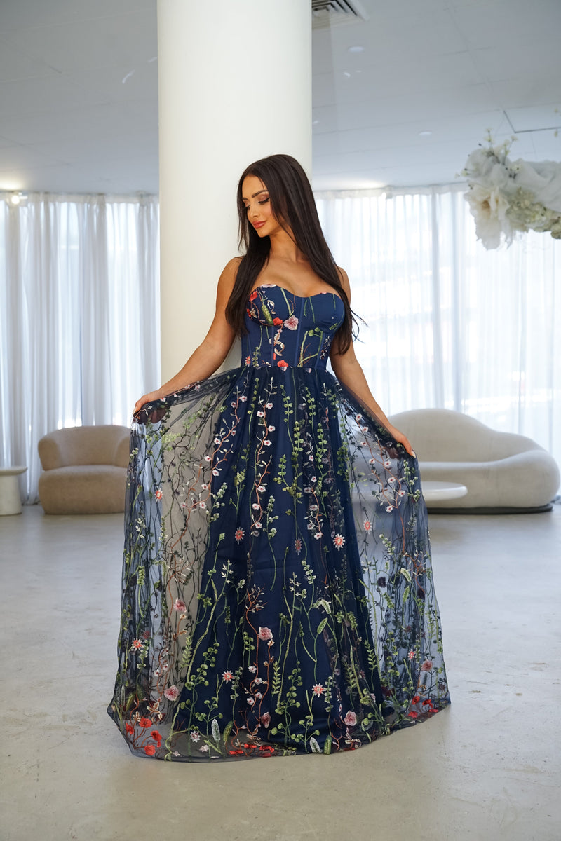 Tusare Open Shoulder Embroidery Maxi Dress