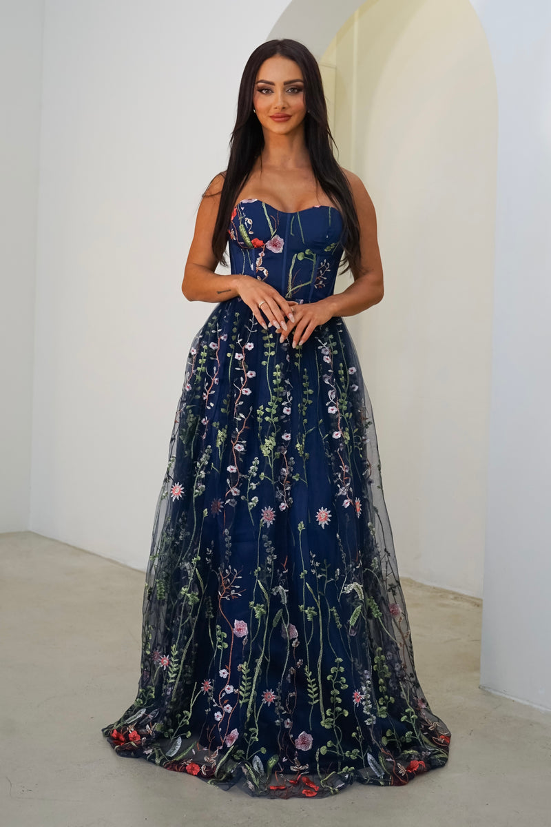Tusare Open Shoulder Embroidery Maxi Dress