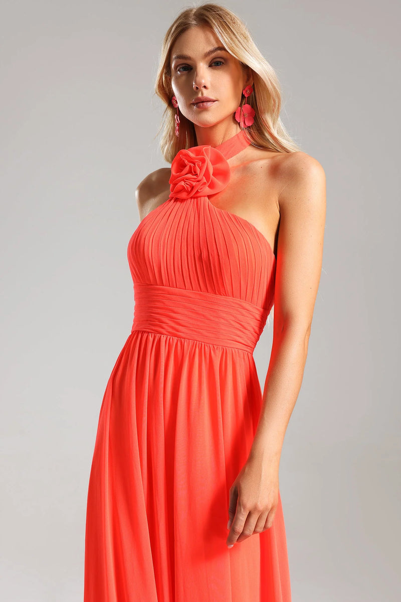 Clea Halter neck Pleat Flower Maxi Dress