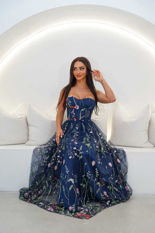 Tusare Open Shoulder Embroidery Maxi Dress