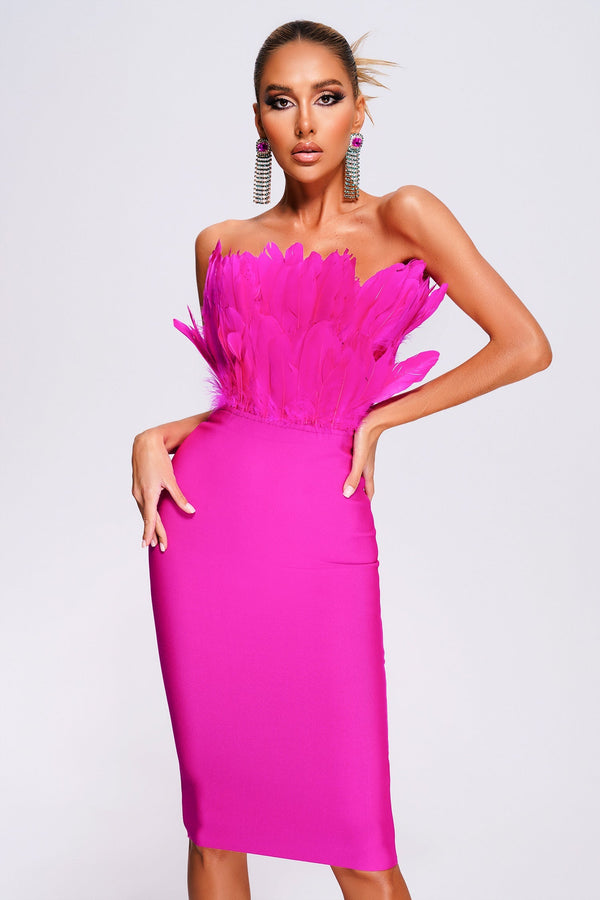Parry Feather Strapless Midi Dress