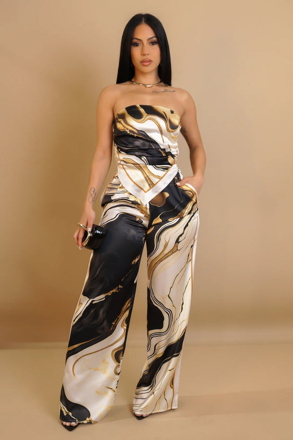 Marble Luxe Strapless Two-Piece Pant Set
