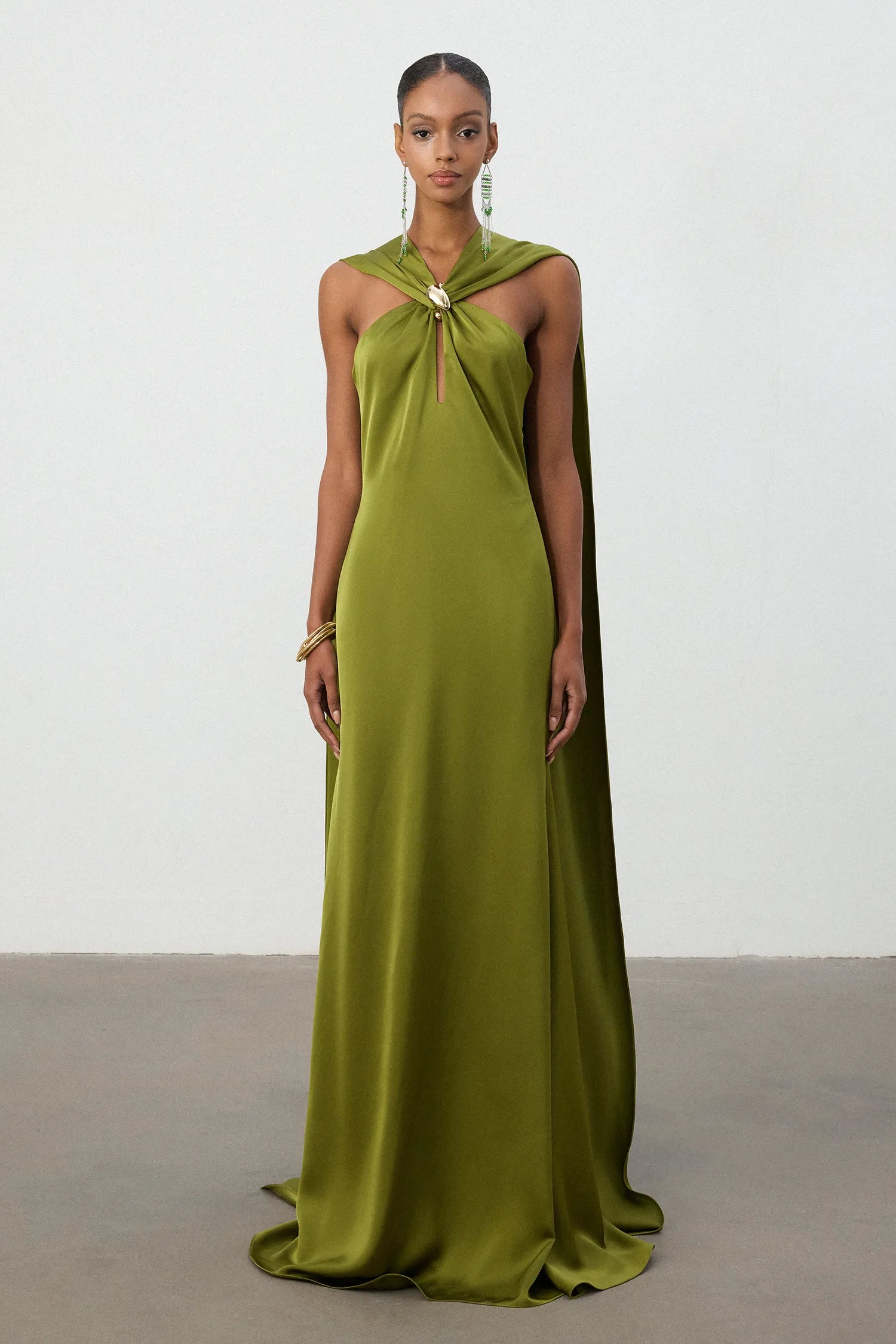 Olive Green Satin Cape Column Gown - Skye & Iris