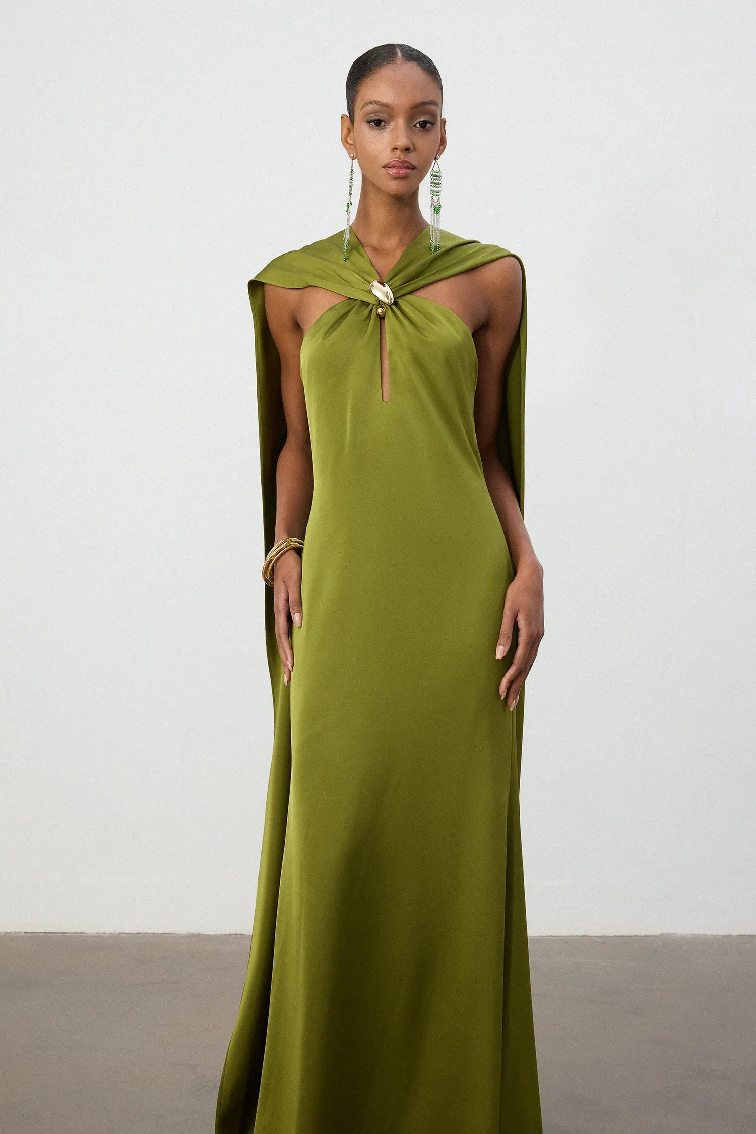 Olive Green Satin Cape Column Gown - Skye & Iris