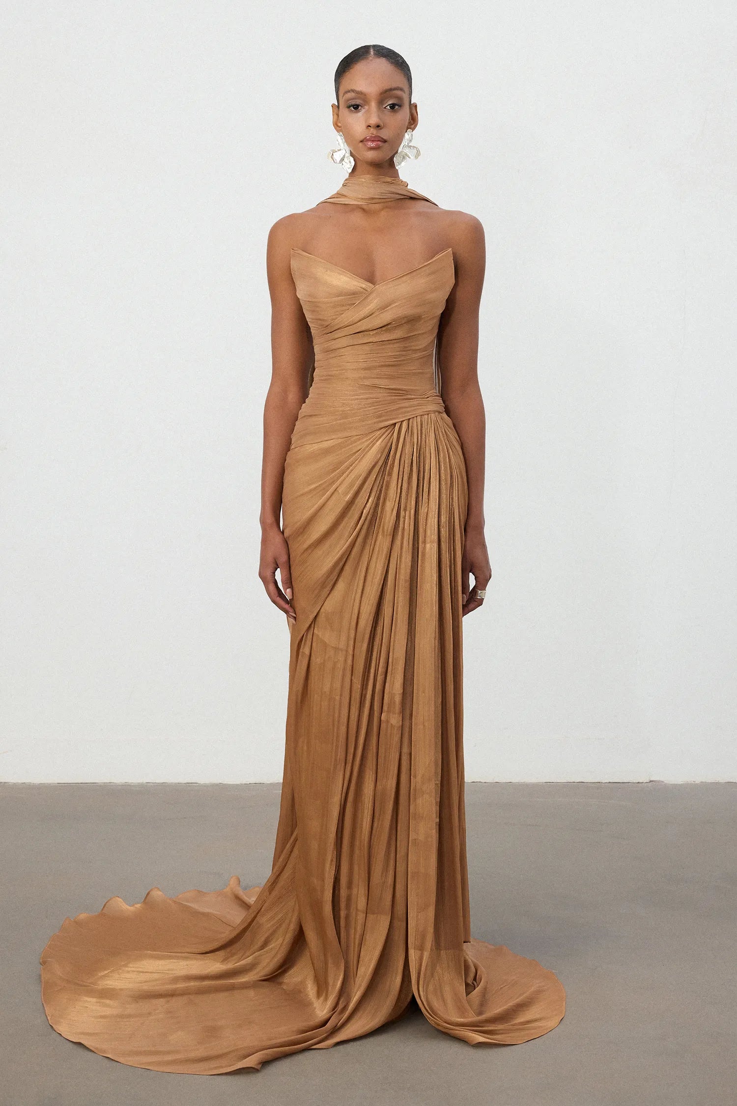 Bronzed Ruched One Shoulder Train Gown - Skye & Iris