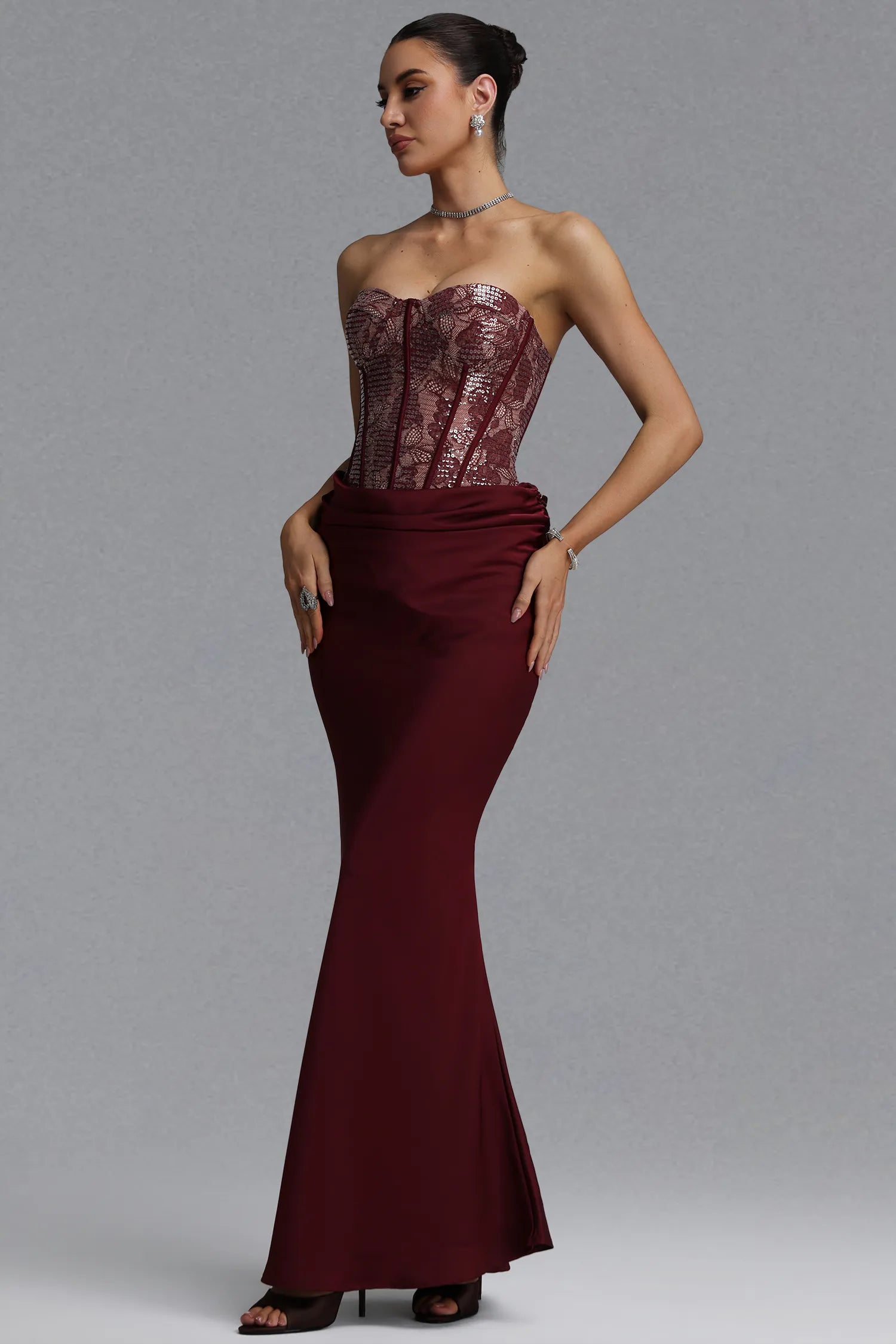 Wren Strapless Sequin Corset Maxi Dress - Burgundy