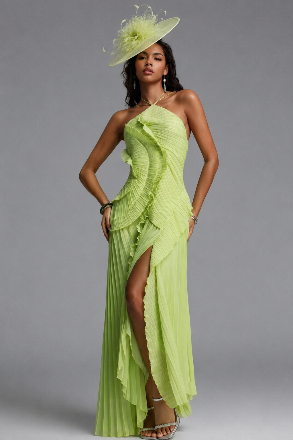 Perla Pleated Maxi Dress - Lime Green