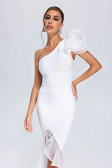 Kyra One Shoulder Slit Midi Bandage Dress - White