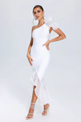 Kyra One Shoulder Slit Midi Bandage Dress - White