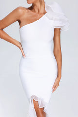 Kyra One Shoulder Slit Midi Bandage Dress - White