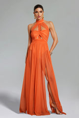 Rivka Halterneck Twist Mesh Maxi Dress