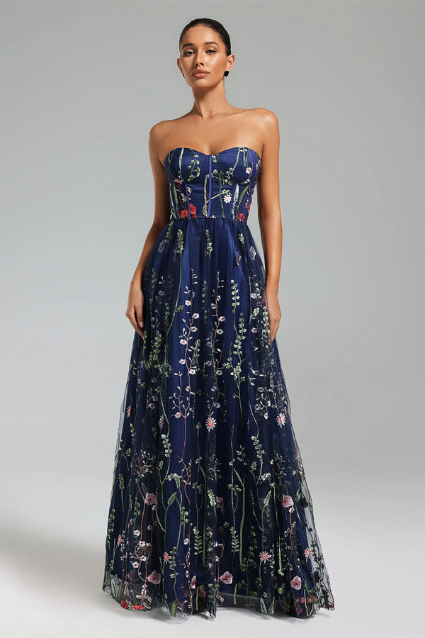 Tusare Open Shoulder Embroidery Maxi Dress