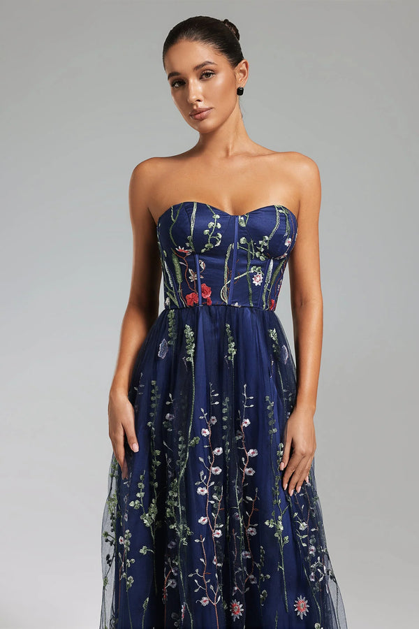 Tusare Open Shoulder Embroidery Maxi Dress