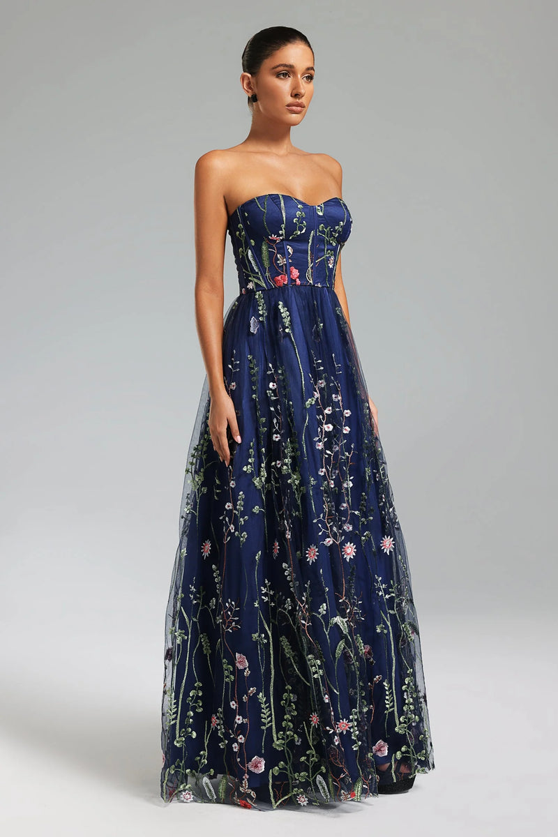 Tusare Open Shoulder Embroidery Maxi Dress
