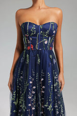Tusare Open Shoulder Embroidery Maxi Dress