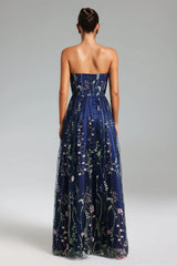 Tusare Open Shoulder Embroidery Maxi Dress