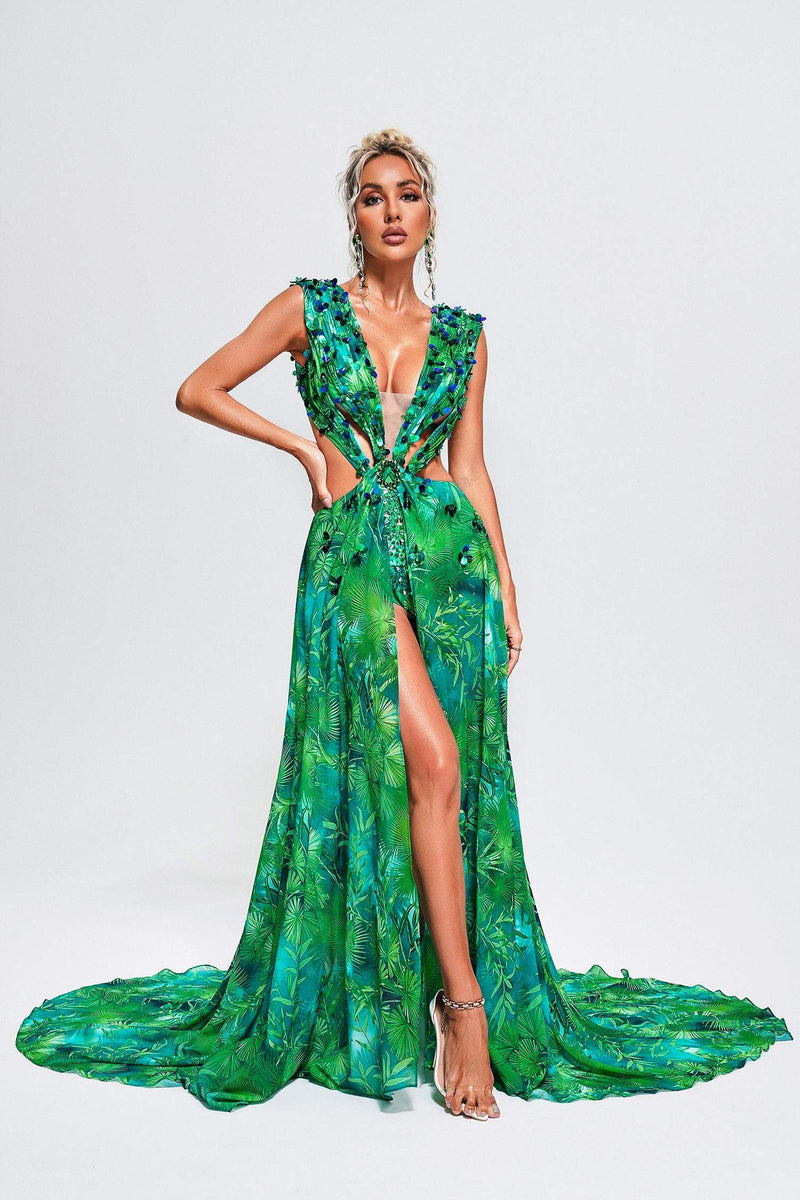 Yolanda Printed Embellished Maxi Dress