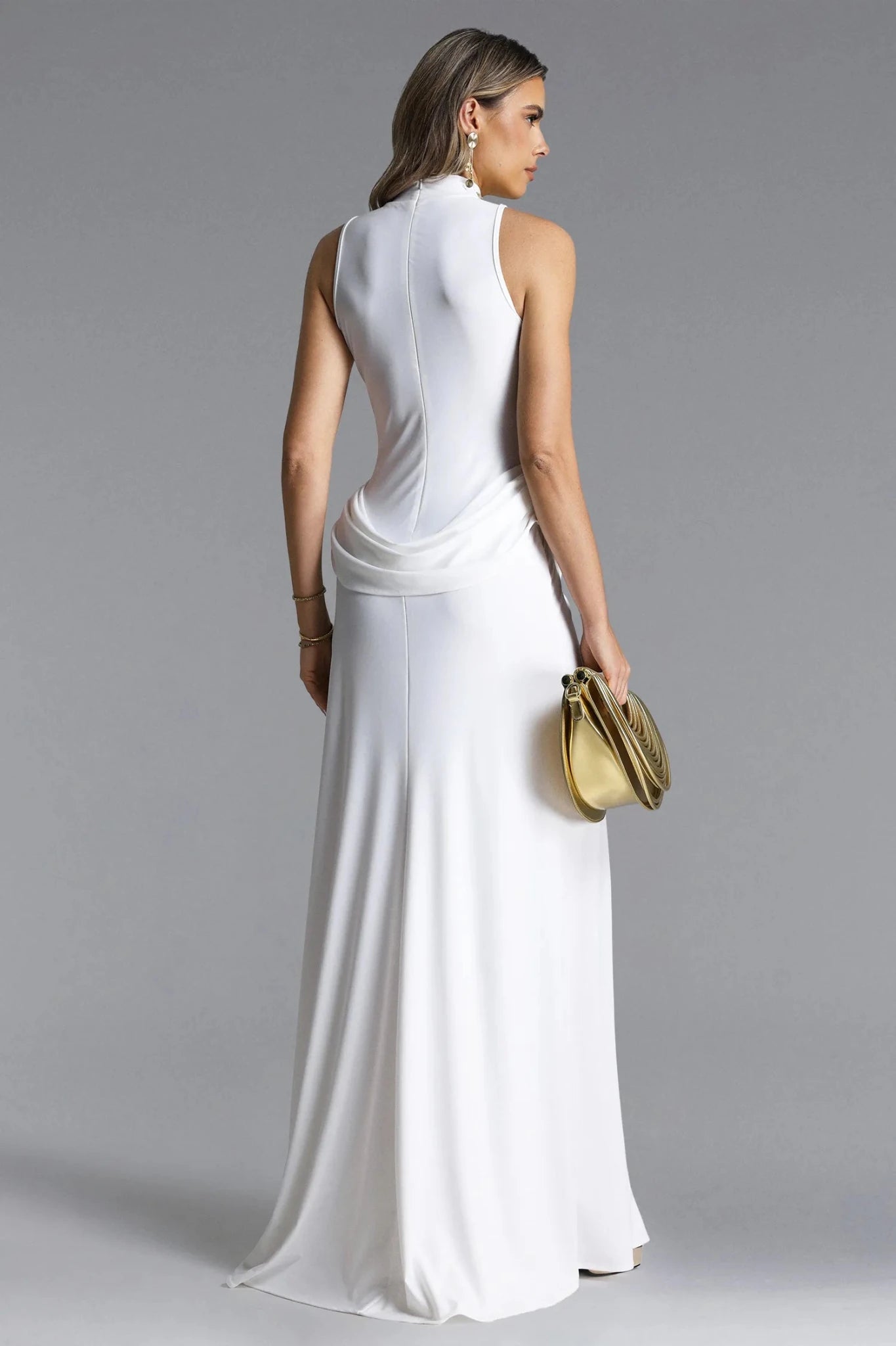 Alora Drape Maxi – White High Neck Draped Split Gown - Styled Collective