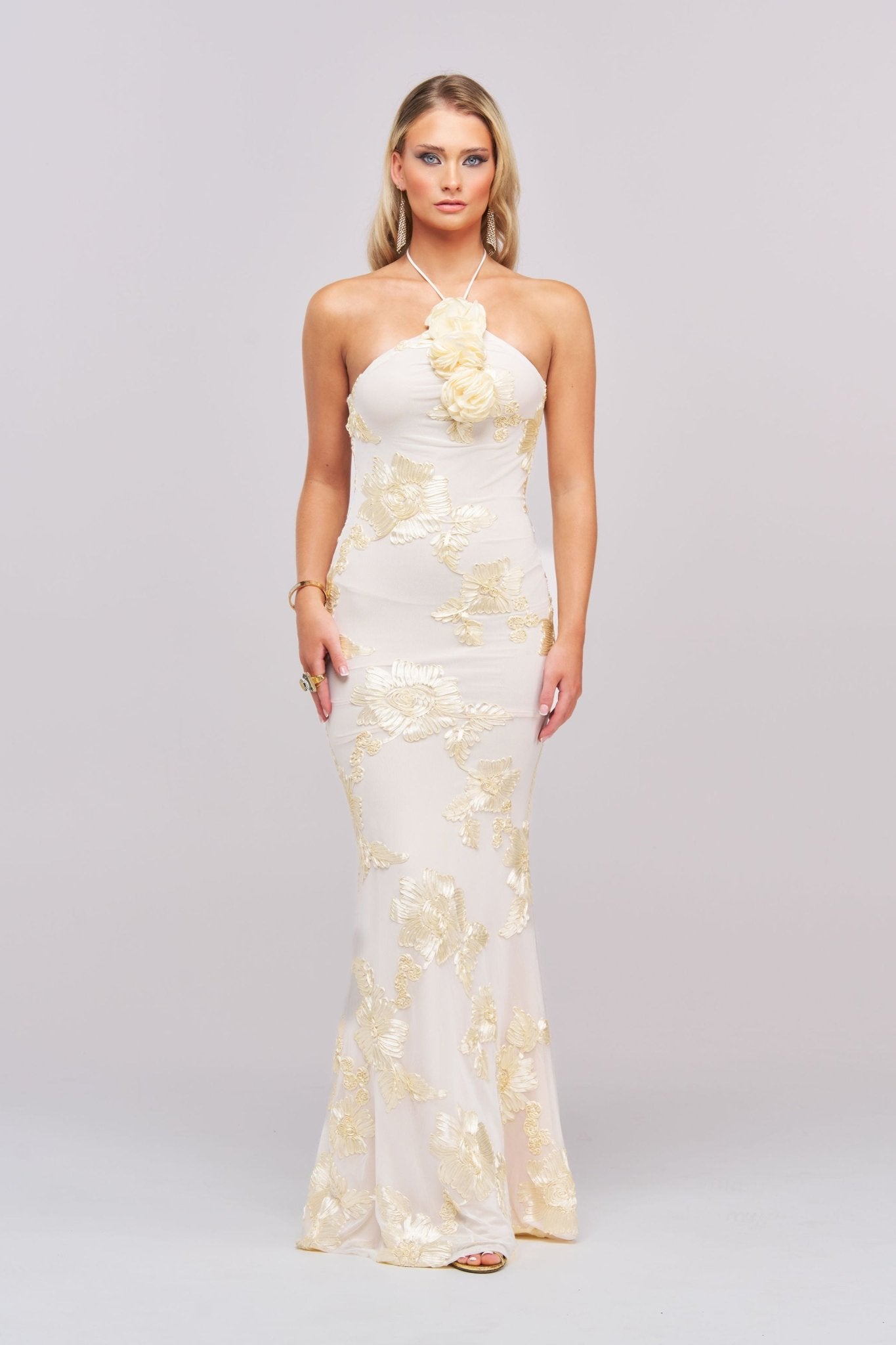 Amélie Floral Halter Gown – 3D Rosette Detail, Ivory Embroidered Elegance - Styled Collective