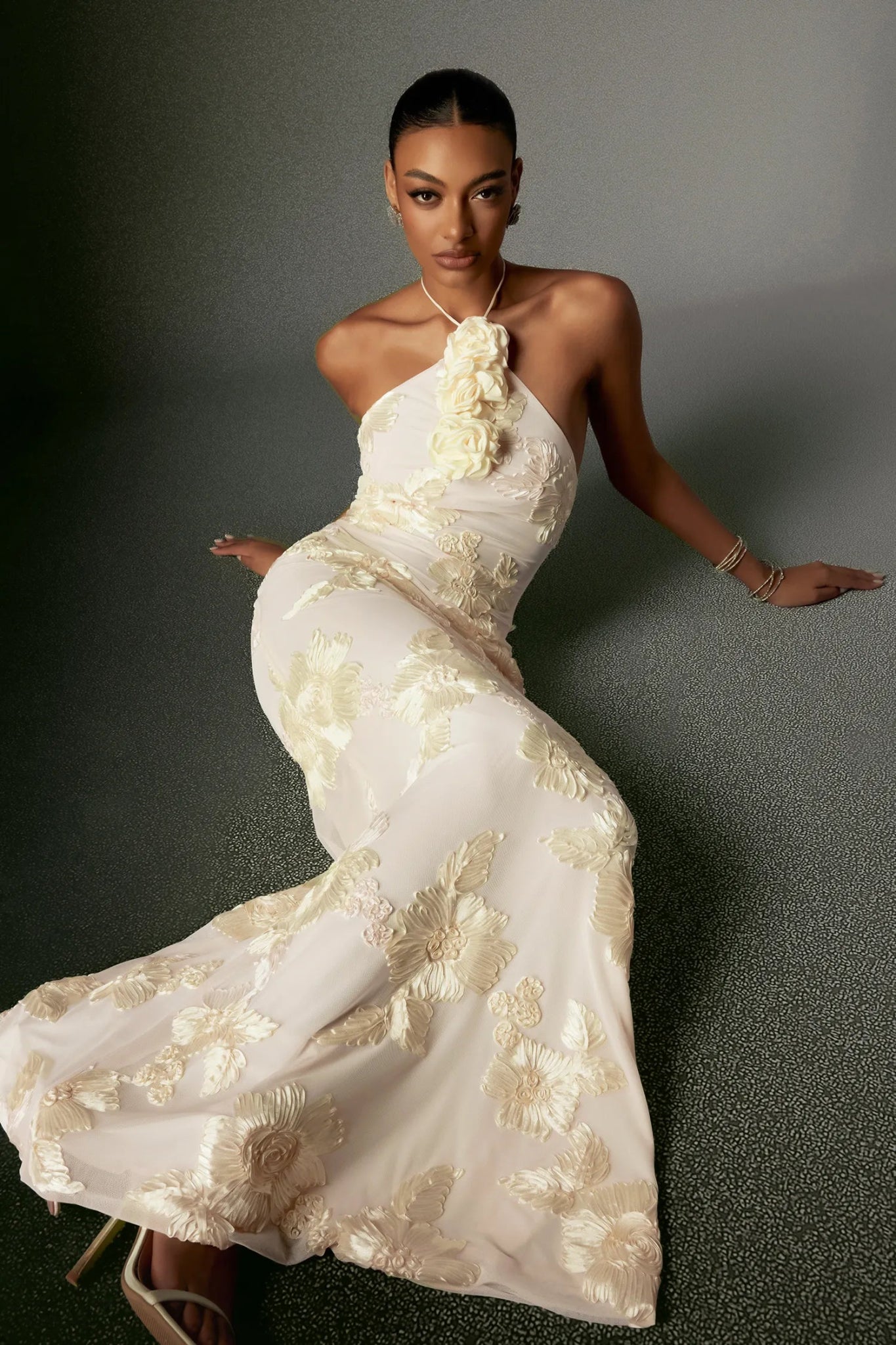 Amélie Floral Halter Gown – 3D Rosette Detail, Ivory Embroidered Elegance - Styled Collective