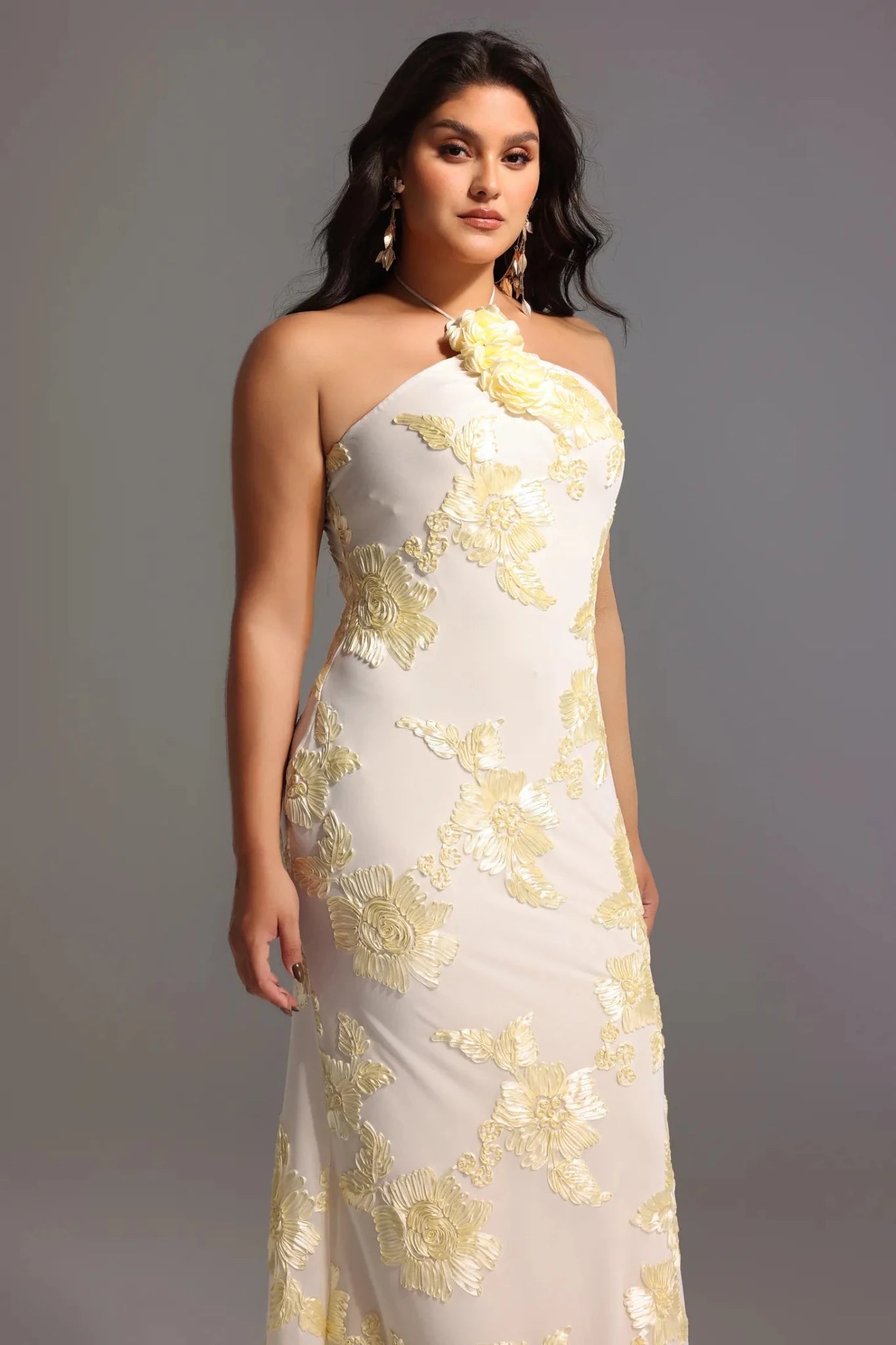 Amélie Floral Halter Gown – 3D Rosette Detail, Ivory Embroidered Elegance - Styled Collective