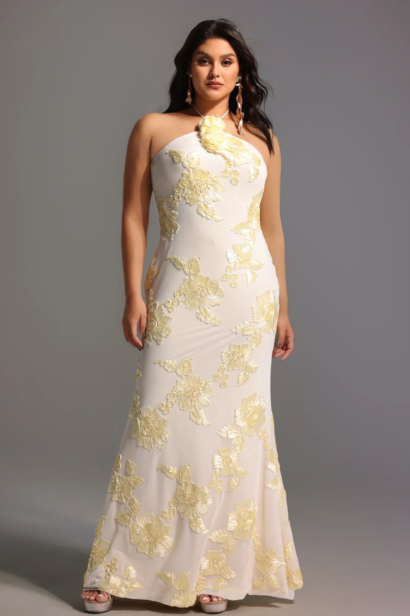 Amélie Floral Halter Gown – 3D Rosette Detail, Ivory Embroidered Elegance - Styled Collective