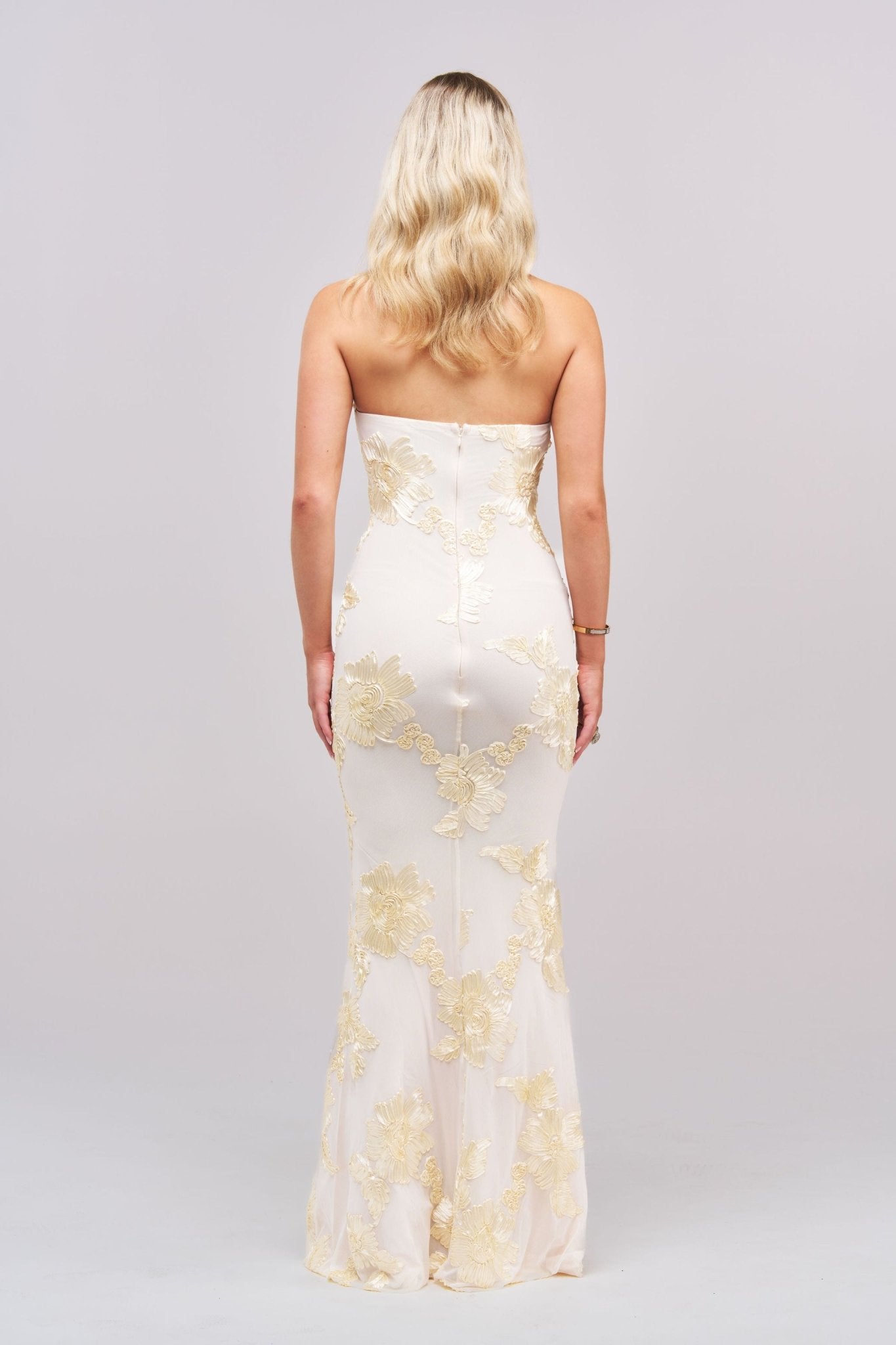 Amélie Floral Halter Gown – 3D Rosette Detail, Ivory Embroidered Elegance - Styled Collective