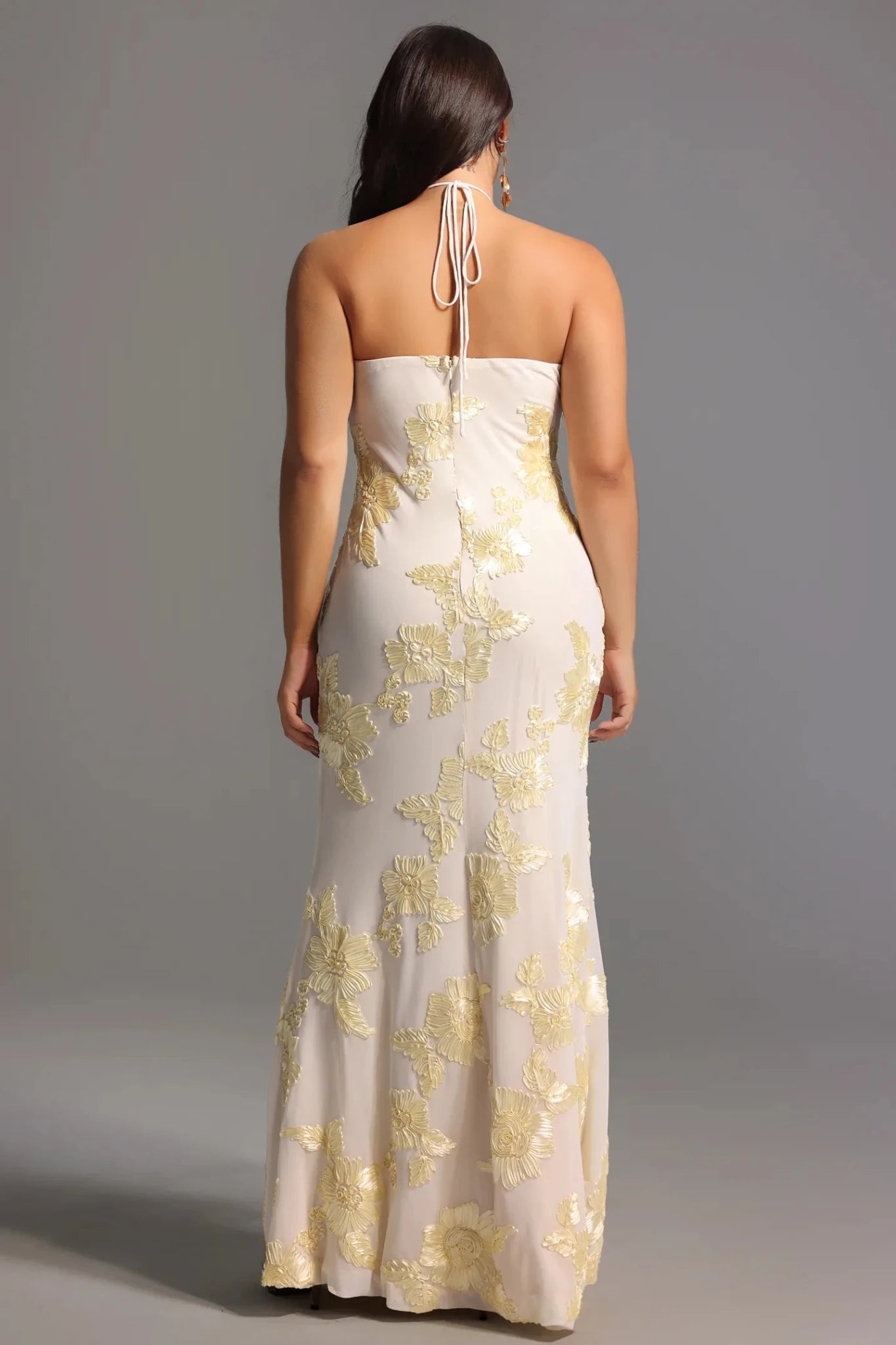 Amélie Floral Halter Gown – 3D Rosette Detail, Ivory Embroidered Elegance - Styled Collective