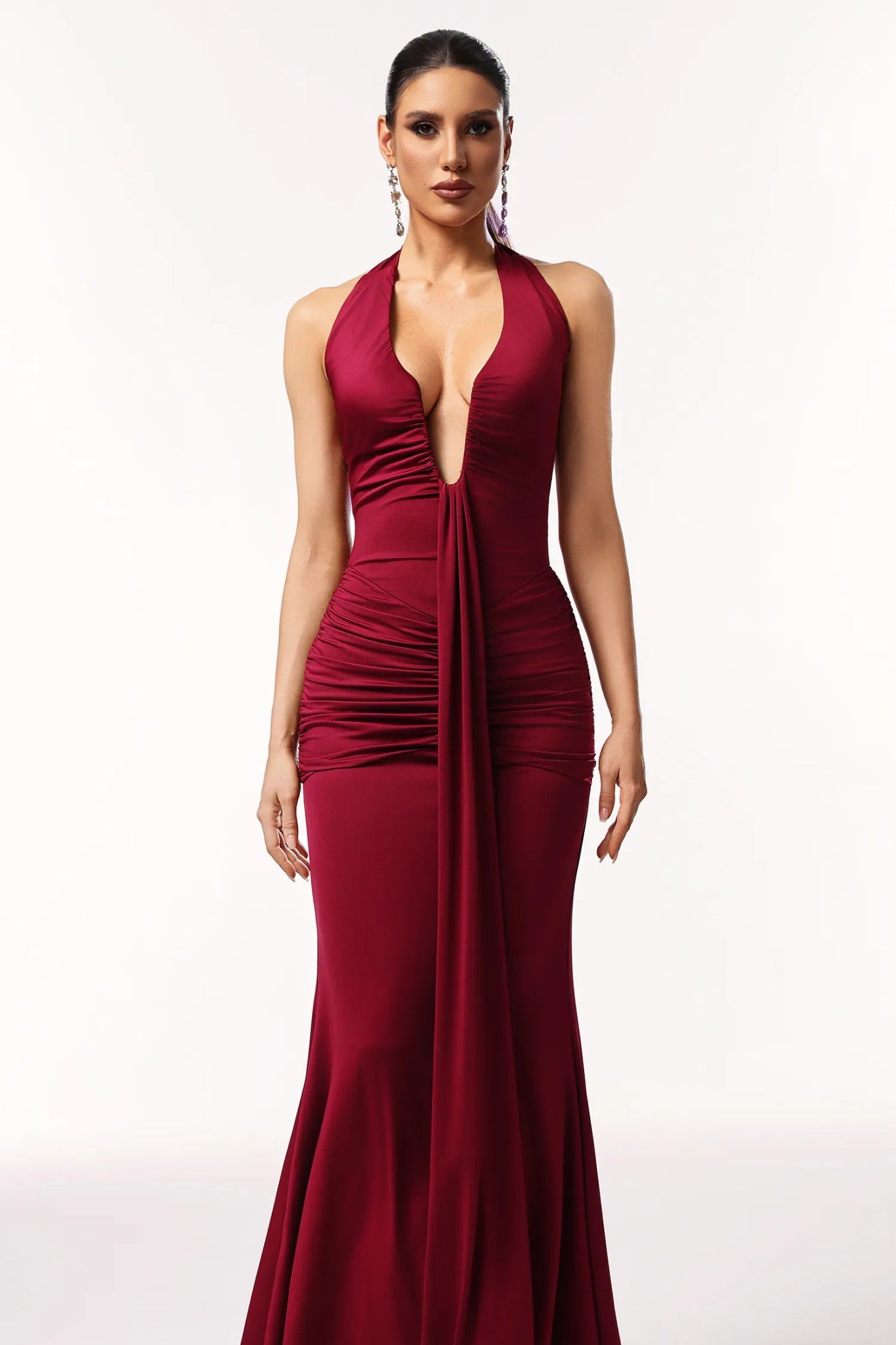 Amica Ruched Halter Maxi Dress – Deep Wine Elegance - Styled Collective