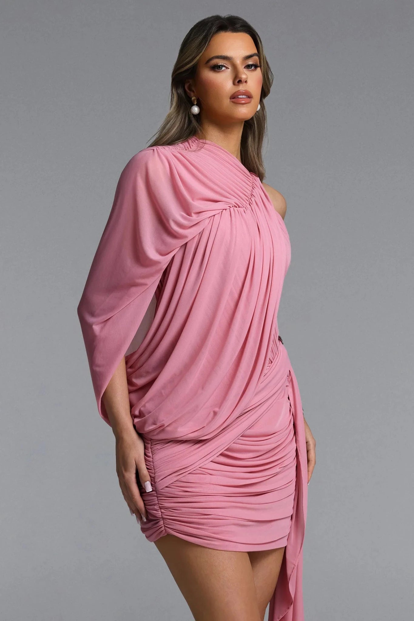 Blaire Drape Mini Dress – Blush Ruched Asymmetric Statement | Styled Collective - Styled Collective
