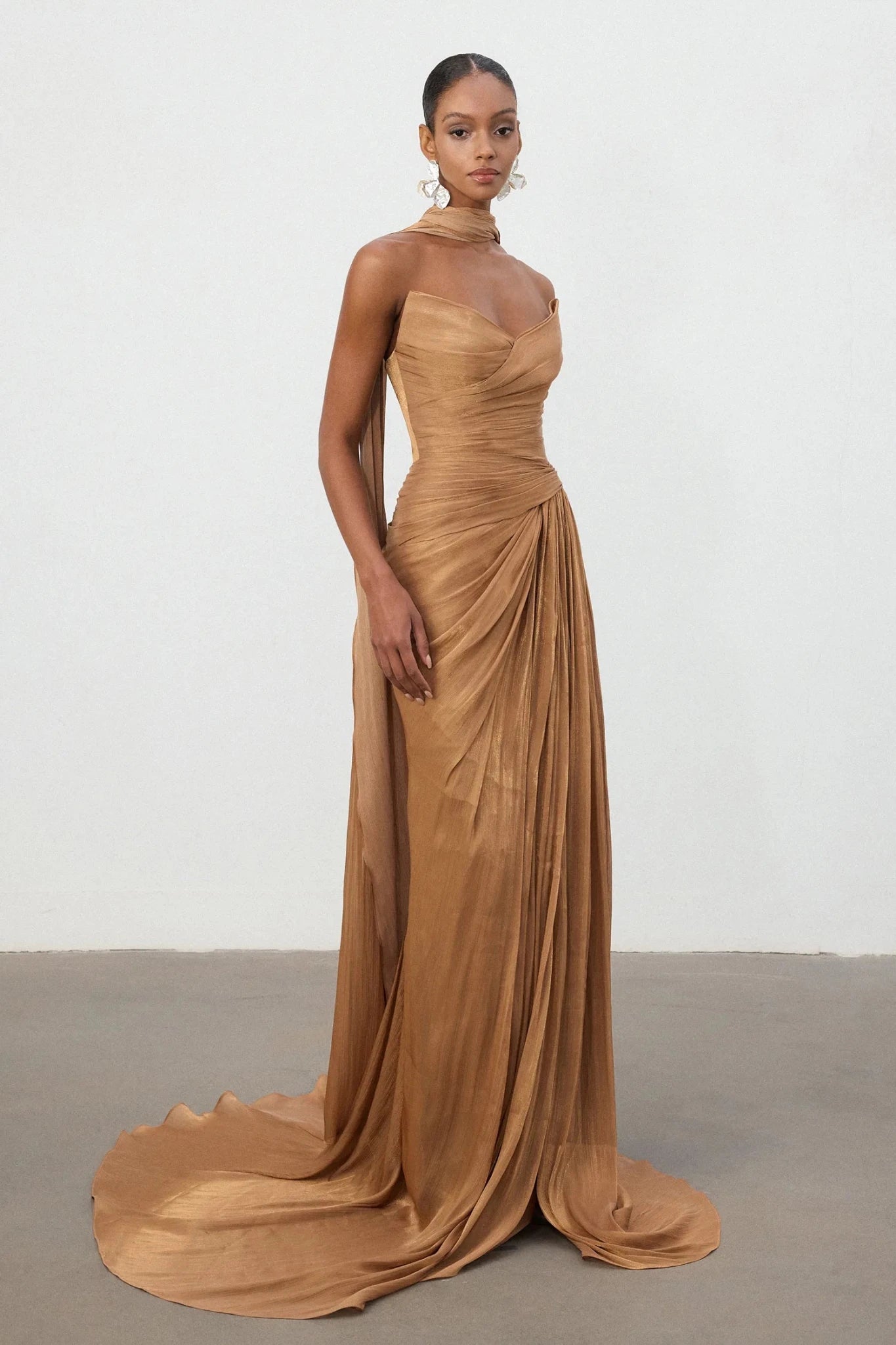 Bronzed Ruched One Shoulder Train Gown - Skye & Iris - Styled Collective