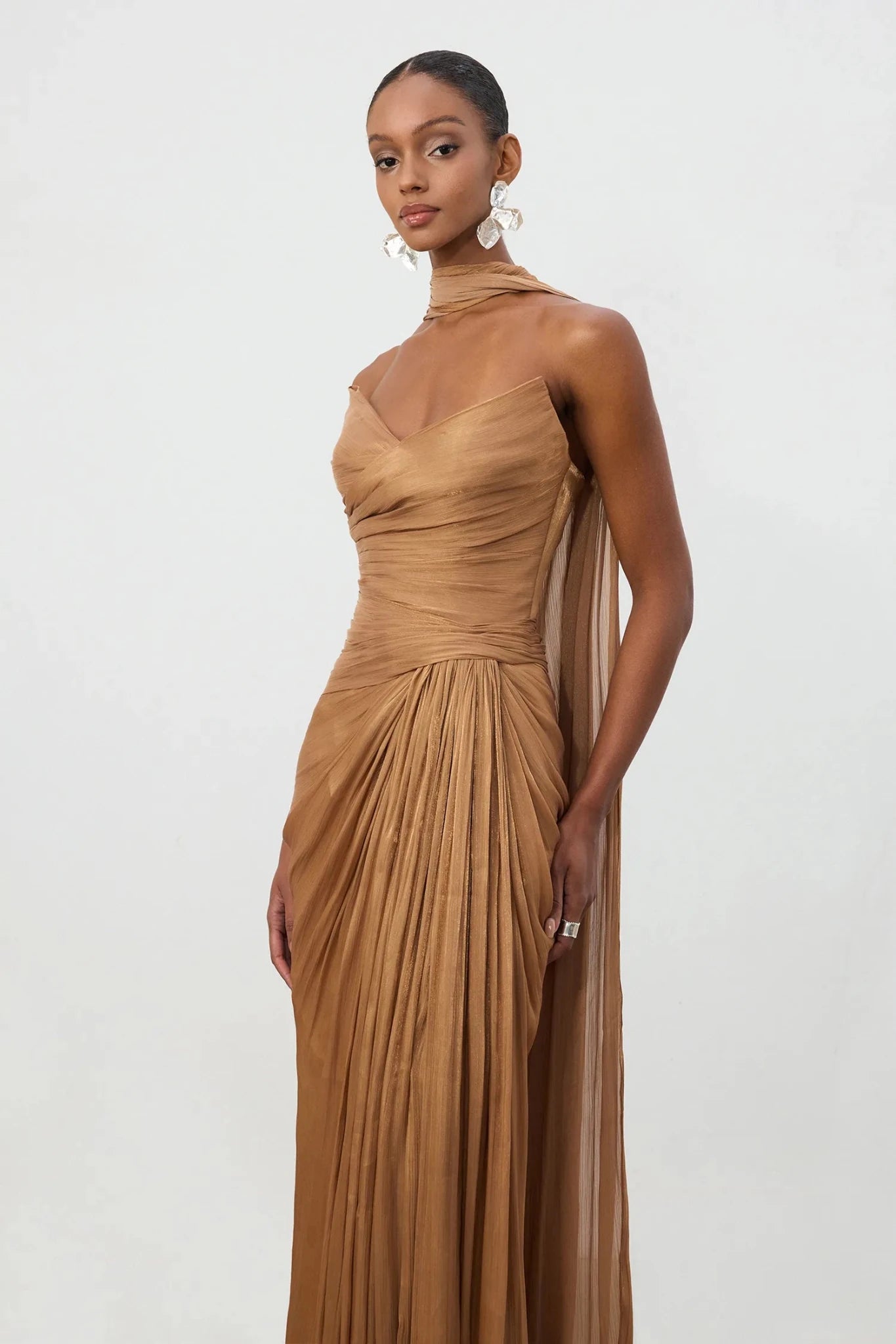 Bronzed Ruched One Shoulder Train Gown - Skye & Iris - Styled Collective