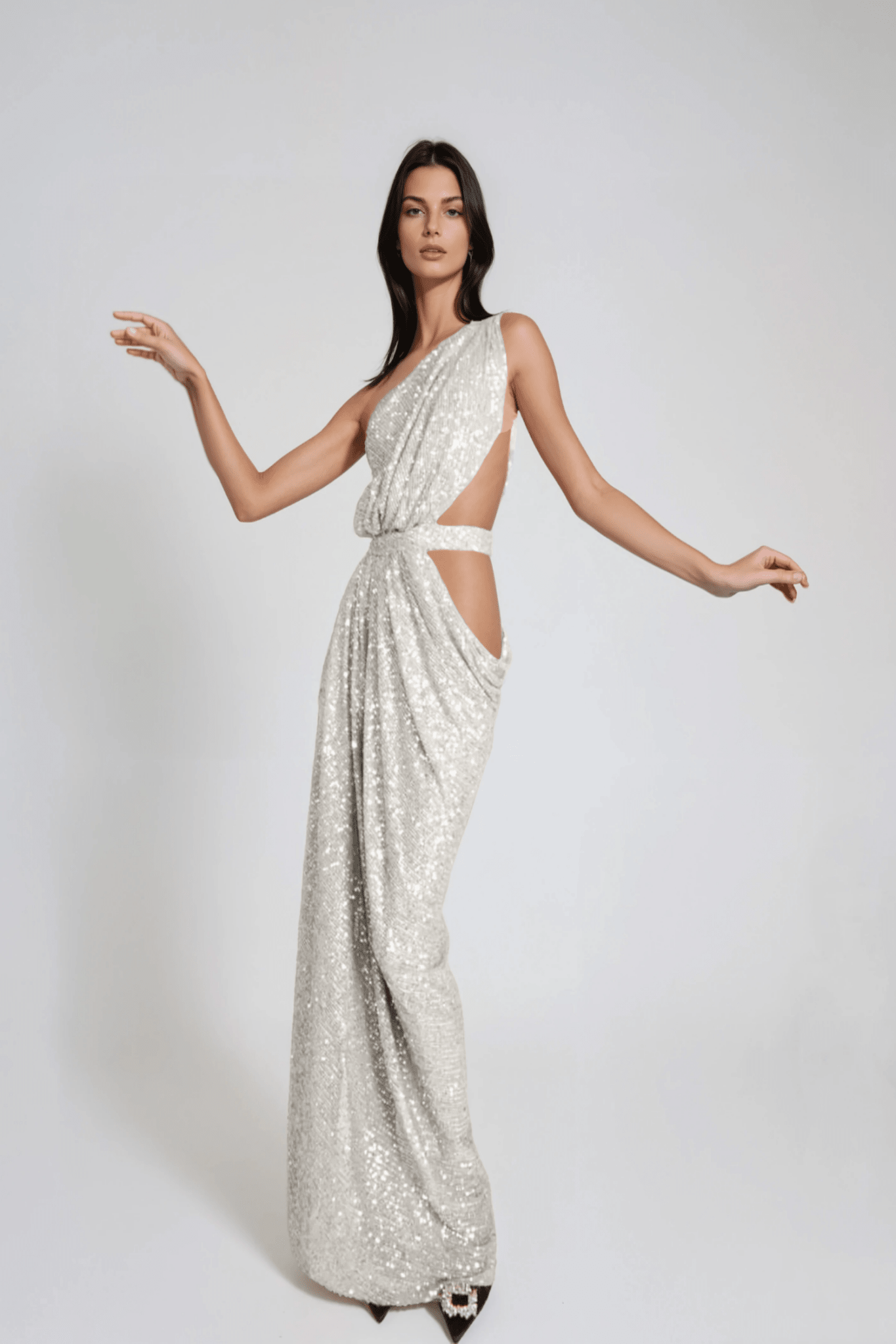 Chiara Sequin Cutout Maxi – Silver One Shoulder Evening Gown | Styled Collective - Styled Collective